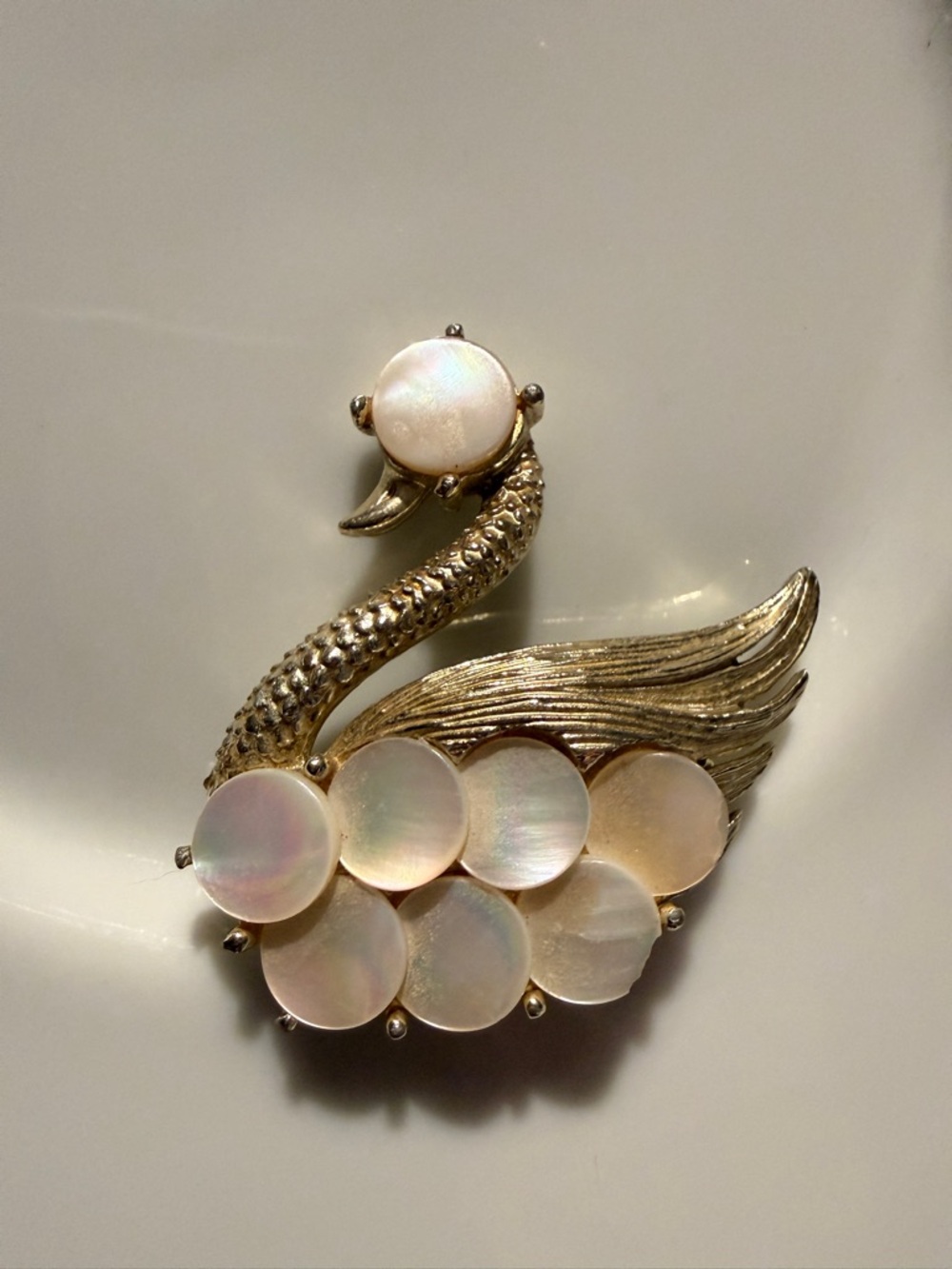 Gold Swan Brooch with Mother of Pearl Discs